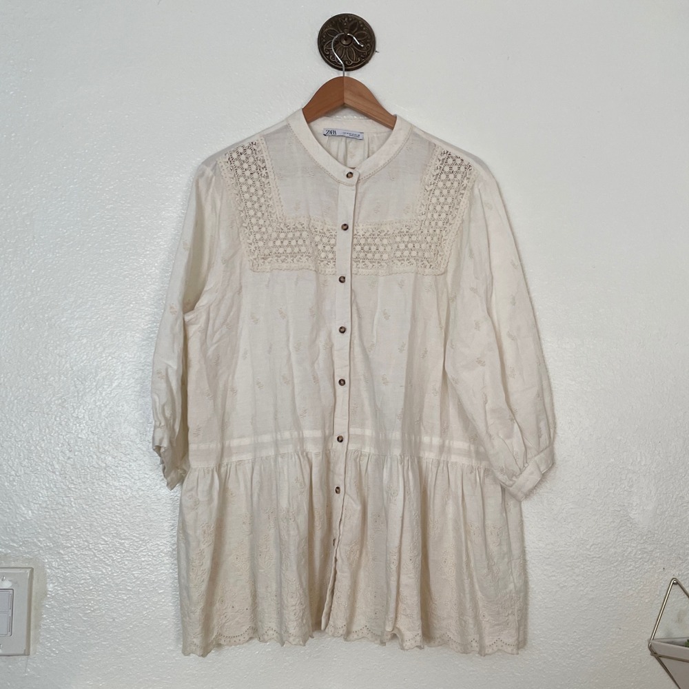 Zara White Cotton Crochet‎ Lace Embroidered Peplum Tunic Blouse Medium Boho
